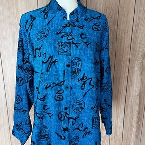 Chico's Turquoise and Black Abstract Button-Up Top